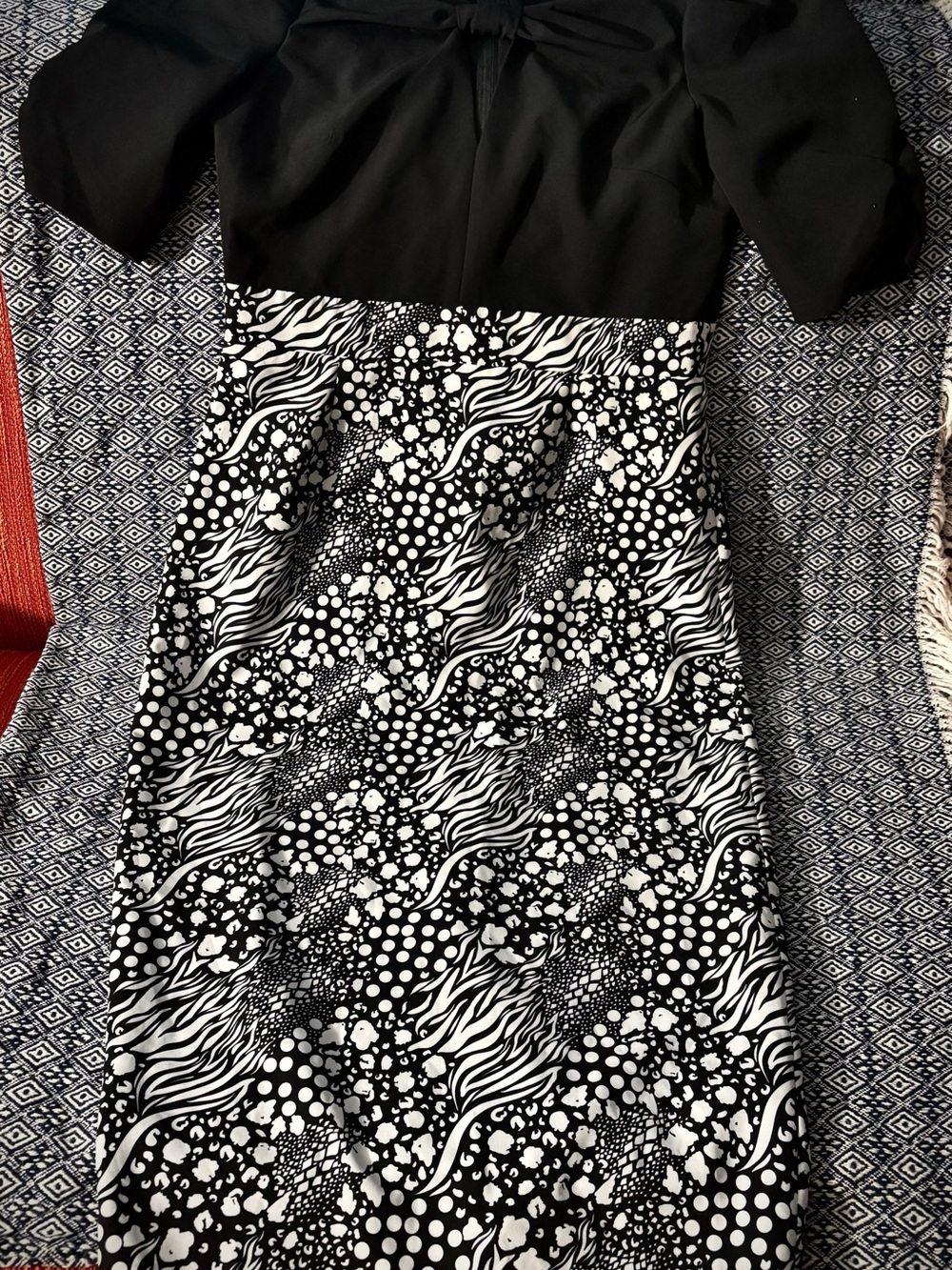Little Mistress Black and White Midi Dress with Patterned Skirt